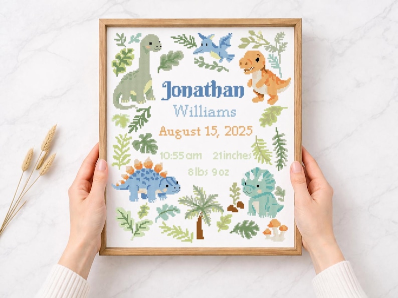 Dinosaur Birth Announcement Cross Stitch Pattern PDF, Baby Name Sampler ...