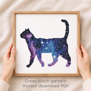 Galaxy Cat Cross Stitch Pattern PDF, Cosmic Cat Embroidery Design, Space Cat Cross Stitch, Celestial Animal Pattern, Instant Download image 2
