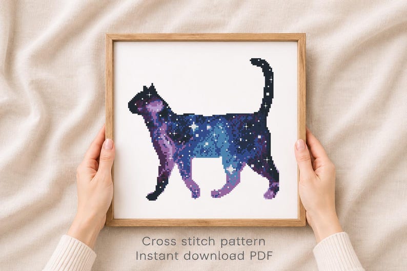 Galaxy Cat Cross Stitch Pattern PDF, Cosmic Cat Embroidery Design, Space Cat Cross Stitch, Celestial Animal Pattern, Instant Download image 2
