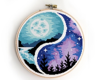 Yin Yang Landscape Cross Stitch Pattern: Moon, Sun, Nature (PDF Pattern)