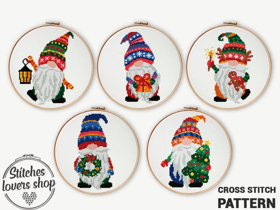 Set of 5 Christmas cross stitch patterns Gnome DIY chart - Etsy 日本