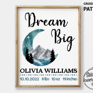 Schema punto croce per annuncio di nascita con luna in PDF / Sampler per neonati con paesaggio naturale / Decorazioni per cameretta dei bambini a punto croce / Schema fai da te contato