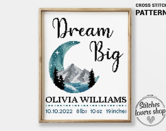 Moon Birth Announcement Cross Stitch Pattern: Landscape Nursery Decor (PDF)