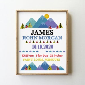 Mountains Birth Announcement Cross Stitch Pattern: Adventure Nursery (Digital PDF)