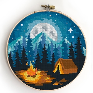 Camping Kreuzstichmuster | Mondschein Berge Wald Xstitch | Natur Landschaft Einfache DIY Chart | Moderne Stickdatei PDF