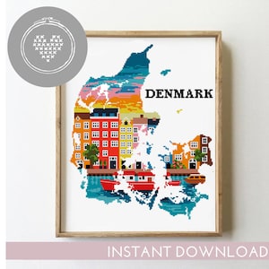 Denmark Cross Stitch Pattern PDF | Copenhagen City Silhouette | European Landscape Xstitch | Nature Scene Counted Chart