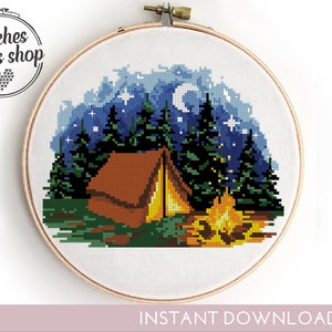 Camping Kreuzstich Muster PDF | Mondschein Waldlandschaft | Einfach Natur Berg Xstitch | Handgemachte Stickdatei