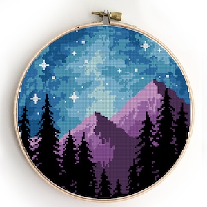 Galaxie Landschaft Kreuzstich Muster | Sternenwald, Camping & Natur-Motiv | Modernes PDF-Design