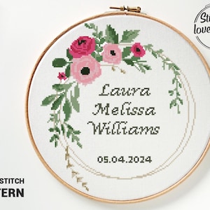 Patrón de punto de cruz para anuncio de nacimiento de corona floral (PDF) / Muestrario de peonías redondas para bebé / Regalo DIY para baby shower / Gráfico de punto de cruz contado