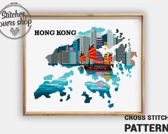 Hong Kong cross stitch pattern modern chart DIY counted xstitch landscape silhouette nature - Cross Stitch Pattern (Digital Format - PDF)