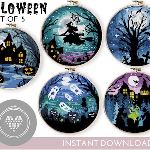 Halloween Cross Stitch Pattern: Set of 5 Modern DIY Designs (PDF)