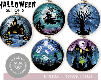 Halloween Cross Stitch Pattern: Set of 5 Modern DIY Designs (PDF)
