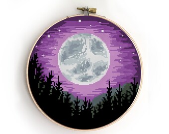 Moonlit Forest Cross Stitch Pattern: Galaxy Landscape (PDF Pattern)