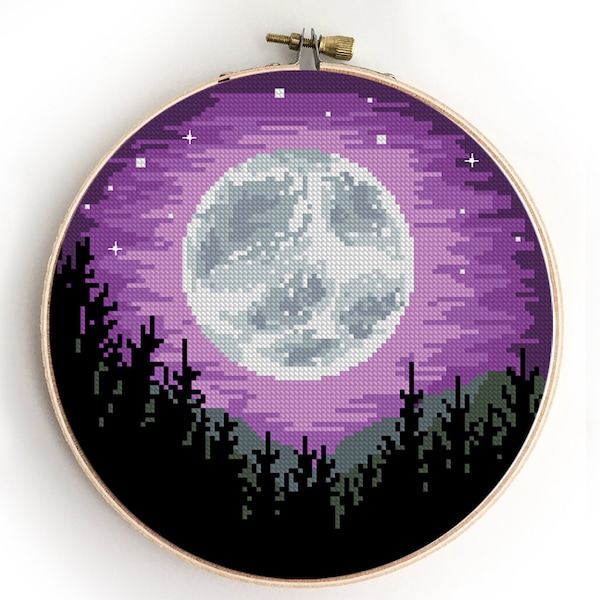 Landscape with moon cross stitch pattern galaxy trees camping nature modern starry forest wild - Cross Stitch Pattern (Digital Format - PDF)