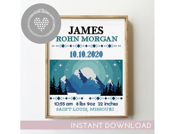 Mountains Birth Announcement Cross Stitch Pattern: Adventure Nursery Decor (DIY PDF)