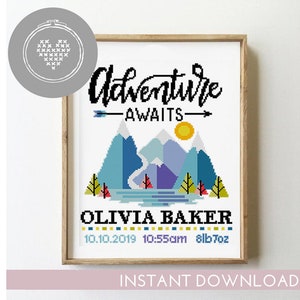 Mountains birth announcement counted cross stitch pattern nursery baby kids girl boy adventure - Cross Stitch Pattern (Digital Format - PDF)