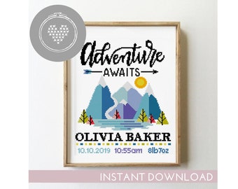 Mountains Birth Announcement Cross Stitch | Baby Nursery Xstitch | Adventure Kids Pattern | Girl Boy DIY Chart PDF