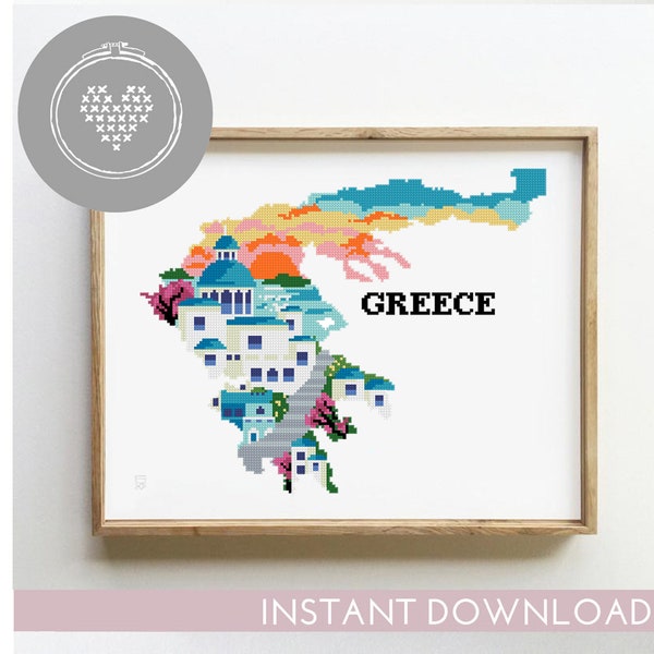Greece Landscape Cross Stitch Pattern: Travel Embroidery (PDF)
