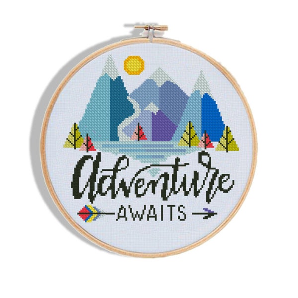 Adventure awaits cross stitch pattern mountains forest little explorer geometric baby landscape- Cross Stitch Pattern (Digital Format - PDF)