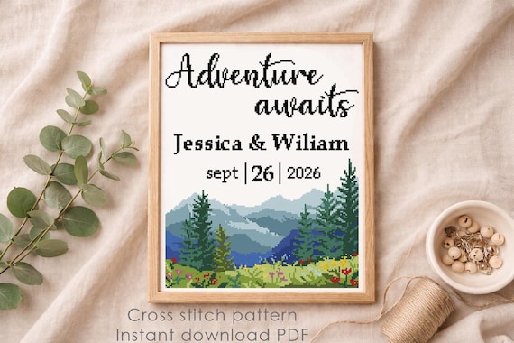 Adventure Awaits Cross Stitch Pattern, Wedding Sampler Personalized Names Date, Mountain Landscape Embroidery PDF, Couple Gift