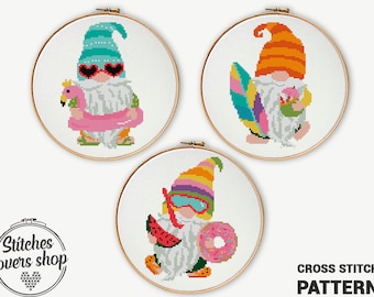 Gnome Cross Stitch Pattern Set: Summer Gnomes (PDF Digital Download)