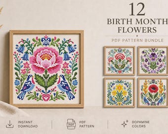 Birth Month Flowers Cross Stitch Bundle, 12 Floral Folk Art Patterns, Bird Embroidery Set, Personalized Gift PDF, Instant Download