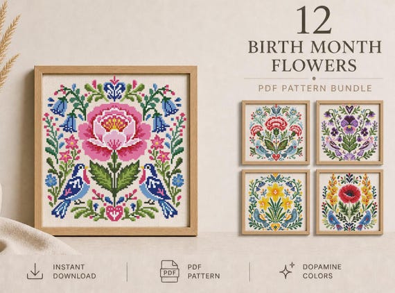 Birth Month Flowers Cross Stitch Bundle, 12 Floral Folk Art Patterns, Bird Embroidery Set, Personalized Gift PDF, Instant Download