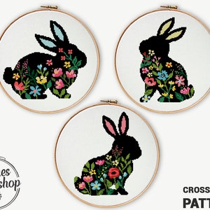 Set van 3 kruissteekpatronen Pasen konijnen geteld grafiek xstitch konijn dieren DIY eenvoudig - kruissteekpatroon (digitaal formaat - pdf)