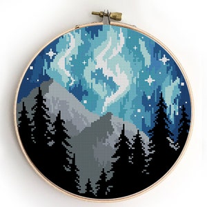 Northern Lights Cross Stitch Pattern: Galaxy Forest Landscape (PDF Pattern)
