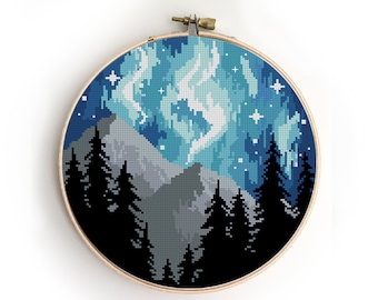 Northern Lights Cross Stitch Pattern: Galaxy Forest Landscape (PDF Pattern)