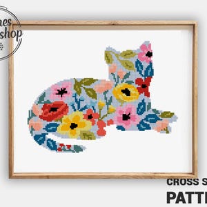 Kruissteekpatroon kat met bloemen | Pioenroos silhouet xstitch | Kaart dierenbloemen | Rode doe-het-zelfpatroon pdf