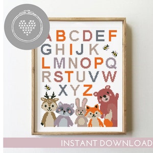 Bos dierenalfabet kruissteekpatroon PDF | Babykamer ABC Sampler | Vosbeer hert konijn | Eenvoudig geteld x-steken