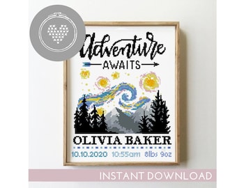 Mountains birth announcement counted cross stitch pattern nursery baby kids girl boy adventure - Cross Stitch Pattern (Digital Format - PDF)