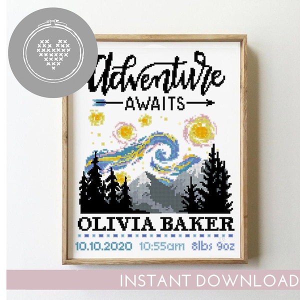 Mountains birth announcement counted cross stitch pattern nursery baby kids girl boy adventure - Cross Stitch Pattern (Digital Format - PDF)