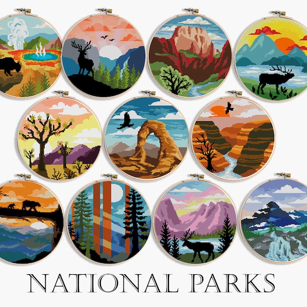 Set of 11 national parks counted cross stitch patterns Rocky mountains Zion Arches Yosemite - Cross Stitch Pattern (Digital Format - PDF)