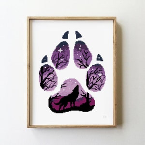 Wolf Paw Cross Stitch Pattern PDF | Starry Sky Forest Scene | Night Nature Camping Xstitch | Modern Wild Animal Counted Chart
