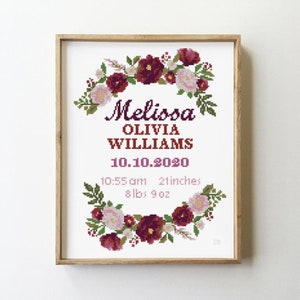 Floral wreath birtn announcement counted cross stitch pattern baby nursery personalized custom - Cross Stitch Pattern (Digital Format - PDF)