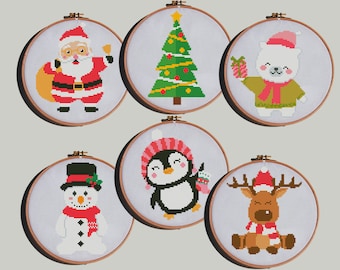 Christmas Cross Stitch Pattern Set | Santa Reindeer Penguin Xstitch | Snowman Tree Bear Chart | Merry DIY PDF Design