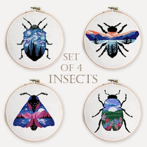Set of 4 insects counted cross stitch pattern butterfly bugs moth silhouette nature landscape - Cross Stitch Pattern (Digital Format - PDF)