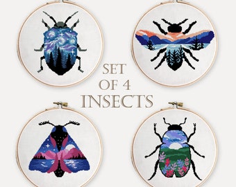 Set of 4 insects counted cross stitch pattern butterfly bugs moth silhouette nature landscape - Cross Stitch Pattern (Digital Format - PDF)