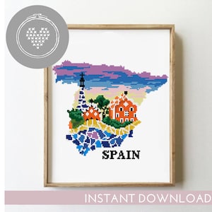 Modèle de point de croix en Espagne | Barcelone Paysage Nature Xstitch | Tableau des silhouettes DIY | Broderie de voyage moderne PDF