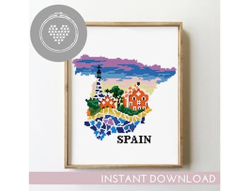 Spain cross stitch pattern Barcelona landscape nature xstitch DIY chart silhouette cross stitch- Cross Stitch Pattern (Digital Format - PDF)