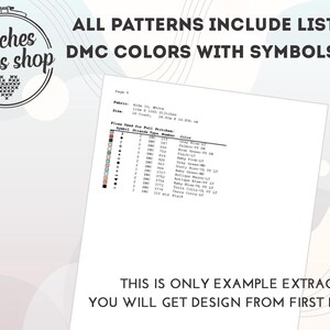 May include: A close-up of a cross-stitch pattern chart with a list of DMC colors and symbols. The chart is titled "Stitches lovers shop" and includes the text "ALL PATTERNS INCLUDE LIST OF DMC COLORS WITH SYMBOLS KEY".
