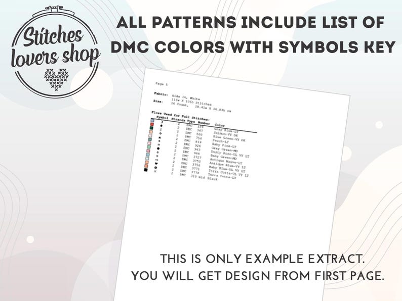 May include: A close-up of a cross-stitch pattern chart with a list of DMC colors and symbols. The chart is titled "Stitches lovers shop" and includes the text "ALL PATTERNS INCLUDE LIST OF DMC COLORS WITH SYMBOLS KEY".