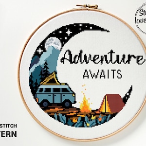 Adventure Awaits Cross Stitch Pattern PDF | Nature Landscape Silhouette | Counted DIY Xstitch Chart