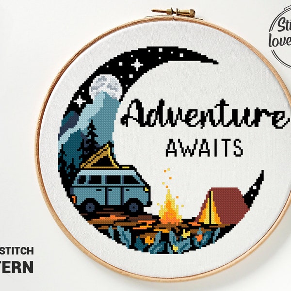 Adventure awaits cross stitch pattern count landscape nature xstitch DIY chart silhouette - Cross Stitch Pattern (Digital Format - PDF)