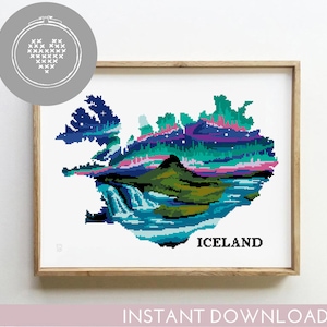 Iceland cross stitch pattern count landscape nature xstitch DIY chart silhouette cross stitch - Cross Stitch Pattern (Digital Format - PDF)