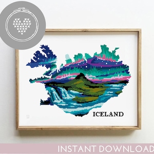 Island Kreuzstichmuster PDF | Silhouette Natur Landschaft Xstitch | Nordische Reiseszene | Gezähltes DIY Stickmuster nach Zählmuster