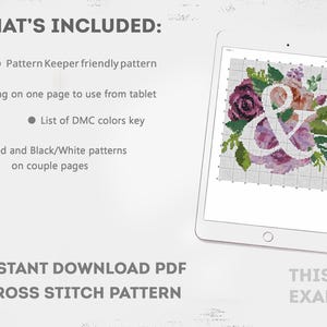 Puede incluir: Un patr&oacute;n de punto de cruz digital que se muestra en una tableta. El patr&oacute;n presenta un dise&ntilde;o floral con el s&iacute;mbolo de la y comercial. La imagen incluye el texto "WHAT'S INCLUDED" y "INSTANT DOWNLOAD PDF CROSS STITCH PATTERN". El dise&ntilde;o floral incluye tonos de morado, rosa y verde.