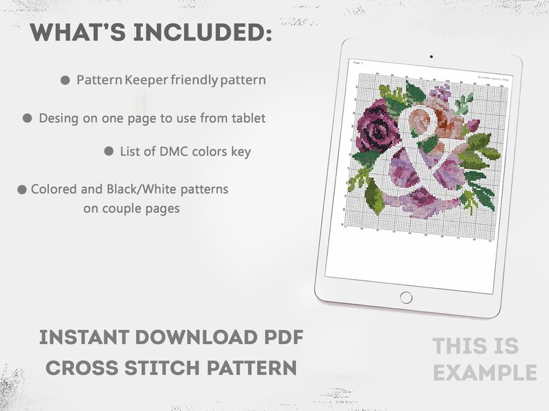 Puede incluir: Un patr&oacute;n de punto de cruz digital que se muestra en una tableta. El patr&oacute;n presenta un dise&ntilde;o floral con el s&iacute;mbolo de la y comercial. La imagen incluye el texto "WHAT'S INCLUDED" y "INSTANT DOWNLOAD PDF CROSS STITCH PATTERN". El dise&ntilde;o floral incluye tonos de morado, rosa y verde.